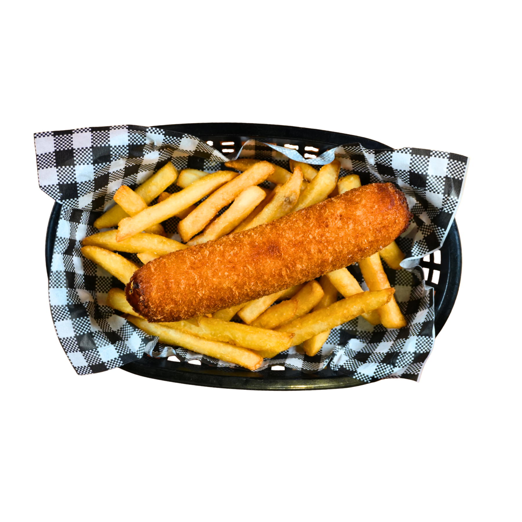Chilli Pork/Crumbed Chicken Sausage & Chips
